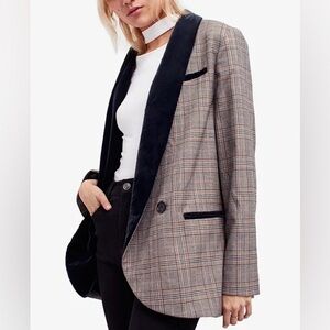 FREE PEOPLE Plaid Velvet Trim Blazer Oversized Tan Green  XS